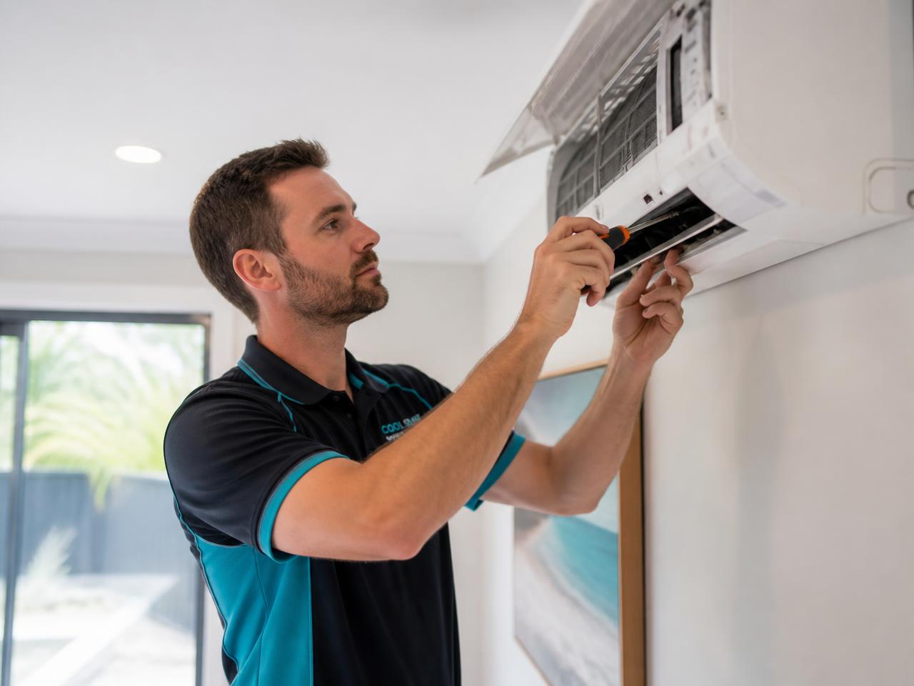 Grotec technician servicing a wall-mounted split system air conditioner in a Melbourne home